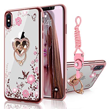 iPhone Xs Max Case,SQMCase Glitter Diamond Floral Butterfly Secret Garden Design Crystal Soft TPU Case with Detachable Heart-Shaped Finger Ring Grip Kickstand for iPhone Xs Max(6.5")-Rose Gold
