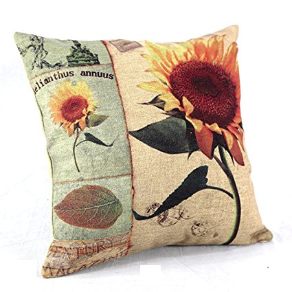 Createforlife Home Decor Cotton Linen Square Throw Pillowcase Cushion Cover Pillow Shams Vintage Sunflower Helianthus Annuus 18" x 18"