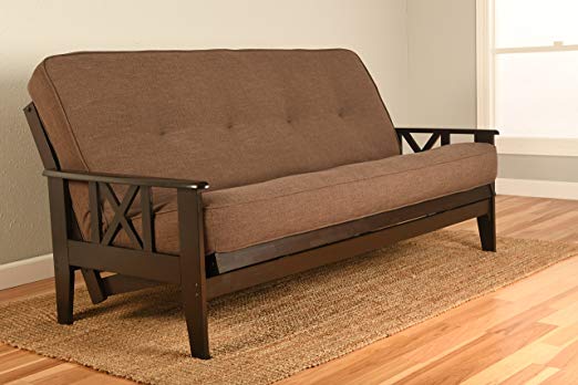 Kodiak Montreal X Espresso Futon Frame w/Quality 8 Inch Innerspring Mattress Sofa Bed Set Full Size (Cocoa Linen Matt and Frame Only)