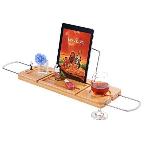 Utoplike Bamboo Bathtub Caddy Tray Bath tub Rack with Stainless Steel Arms Adjustable Book Holder and Slots for Wine Ipad Phone (Compact Size)