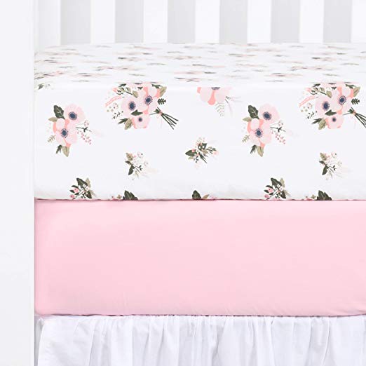 TILLYOU Printed Floral Crib Sheets Set, 100% Egyptian Cotton Toddler Sheet Set for Baby Girls, Soft Breathable Hypoallergenic, 28"x52", 2 Pack Floral & Pink