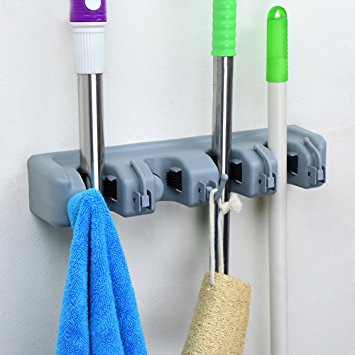 SUMCOO No slide Mop Broom Holder Organizer, Wall Mounted Mop Broom hanger Hook,Garage Shed Organizer And Sports Equipment Tool Holder Rack (4 POSITION)