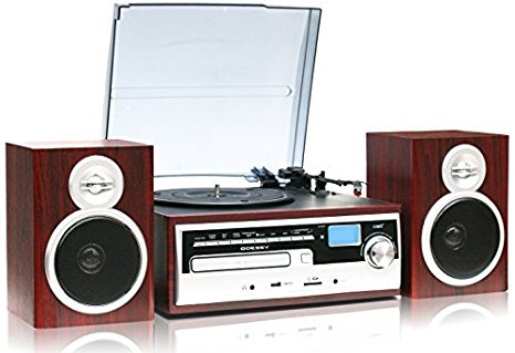 TechPlay ODC28SPK-WD 3-Speed Turntable with CD / MP3 / Cassette / SD Card / USB player, Digital AM / FM Radio, AUX IN, Line out Alarm CLOCK , Remote and External Speakers WOOD color