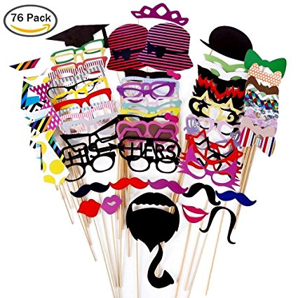 Foonii 76PCS Photo Booth Props Funny Creative Wedding Birthday Christmas Party paper Mustache Glasses Hats on Stick, Colorful