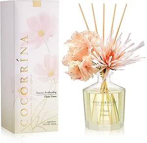 COCORRÍNA Reed Diffuser - Clean Linen 8.5oz Flower Reed Diffuser Set with 8 Sticks, Home Fragrance Reed Diffuser for Home Bedroom Office Bathroom Shelf Decor (Master Collection)