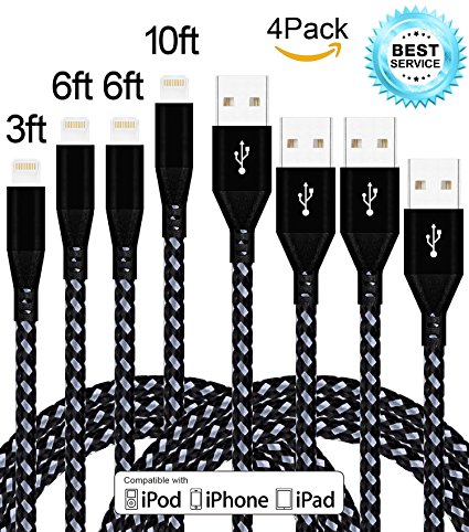 Mscrosmi 4 Pack 3ft 6ft 6ft 10ft Nylon Braided Lightning to USB Cable for Apple iPhone 7/7 Plus/6/6s/6 Plus/6s Plus/5/5c/5s/SE/iPad/iPod and More.(Black)