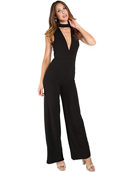 MAKEMECHIC Women's Sexy Deep V Neck Sleeveless Wide Leg Loose Jumpsuits Rompers