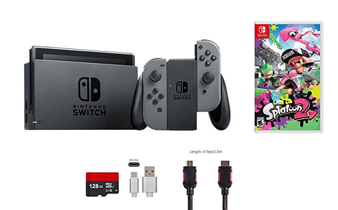 Nintendo Switch Bundle (6 items): 32GB Console Gray Joy-con, Game Disc Splatoon 2, 128GB Micro SD Card, Type C Cable, HDMI Cable Wall Charger