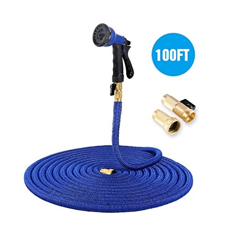 Easehold Expandable Garden Hose Double Layer Latex Strength Textile with Solid Brass Fitting Connector 8 Function Sprayer Nozzle (100FT, Blue)