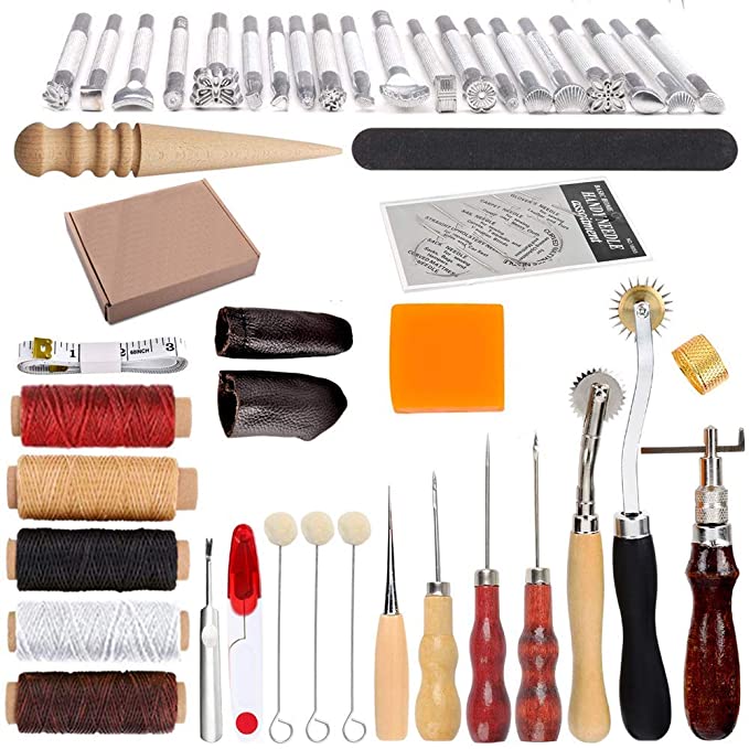 Swiftrans 33Pc Leather Tools Leather Craft Tools Kit Leather DIY Leather Working Tools Leather Sewing Set Hand Stitching Tool Set with Groover Awl Waxed Thread Thimble Kit for Punching Cutting Sewing
