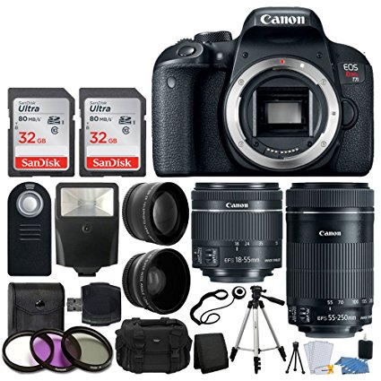 Canon EOS Rebel T7i Digital SLR Camera   EF-S 18-55mm IS STM Lens   EF-S 55-250mm IS STM Lens   Wide Angle Lens & 2x Telephoto Lens   64GB Memory Card   Flexible Tripod   Complete Accessory Bundle