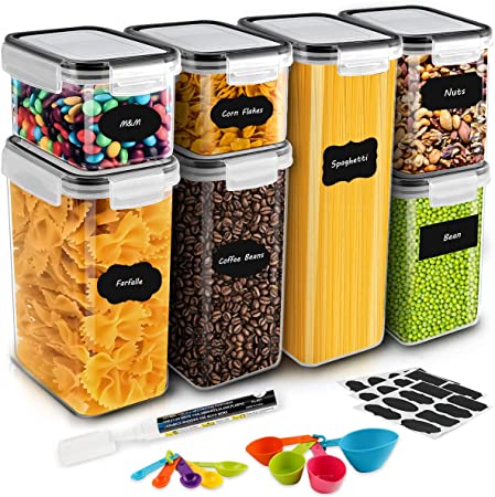 Airtight Food Storage Containers, MOICO 7 PC Plastic Cereal Storage Container with Lids BPA Free, 24 Labels, Spoon Set & Pen, Pantry & Kitchen Storage Containers for Flour, Dry Food, Pasta