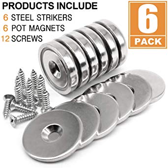 FINDMAG Neodymium Round Base Magnet with Mounting Screws, 90LBS Strong, Permanent, Rare Earth Magnets, DIY, Building, Scientific and Craft Cup Magnets,1.26''D x 0.3''H, Pack of 6
