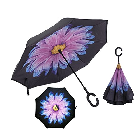 XIAOMEI Inverted Umbrellas Double Layer Car Travel Outdoor Golf Rain Umbrella Windproof UV Protection Large Reverse Umbrella witn C-Shaped Handle