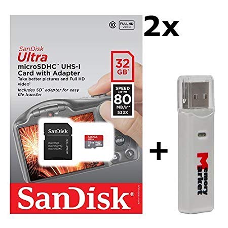 2 PACK - SanDisk Ultra 32GB UHS-I Class 10 MicroSDHC Memory Card Up to 80mb/s SDSQUNC-032G with adapter LOT OF 2 and SD Memory Card Reader