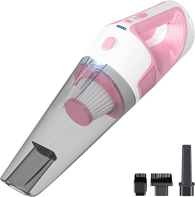GOGOING® Handheld Vacuum Cordless - Strong Suction [9000Pa] - Rechargeable Held Held Vacuum, Portable Mini Hand Vacuum with Large Dirt Bowl, 3 Versatile Attachments & Cleaning Brush, Pink