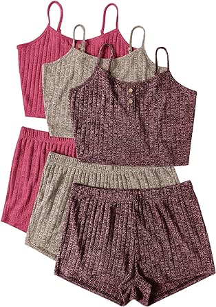 Ekouaer 3 Sets for Women Ribbed Pajamas Crop Cami Top and Shorts Pjs Casual Sleeveless Button Lounge Set Sleepwear