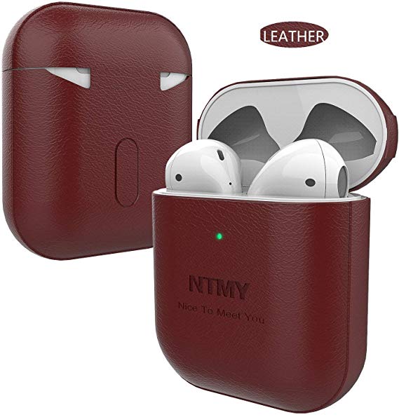 NTMY AirPods Leather Case,AirPod Case Leather for Women,AirPods Case Front Led Visible AirPods Charger Case Red