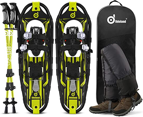 Odoland 4-in-1 Snowshoes for Men Women Youth Kids with Trekking Poles, Waterproof Snow Leg Gaiters and Carrying Tote Bag, Lightweight Snow Shoes Easy to Wear Aluminum Alloy, Size 21''/25''/30''