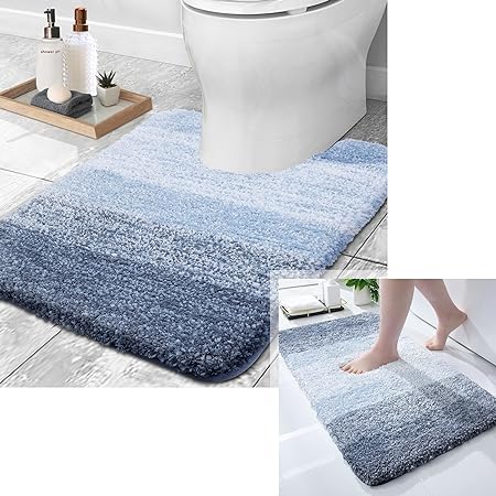 OLANLY Ombre Bath Rug and Toilet Rugs U-Shaped, Bath Rug Size 24x16 and Toilet Rugs Size 24x20 in Blue, 2 Item Bundle