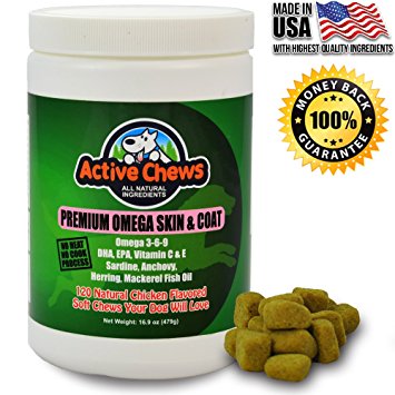 Pure Omega Fish Oil for Dogs by Active Chews - All Natural Omega 3 for Dogs Skin and Coat Supplement - Helps with Dog Dry Skin, Immune and Heart Health - 120 Dog Treats