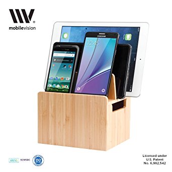MobileVision Bamboo Charging Station Stand and Multi Device Organizer Charging Dock with Extension Compartment for Individual Desktop Storage Caddy / Tray Personal Space Saver capabilities for your Smartphones / Tablets like Apple iPhone/iPad, Samsung Galaxy, HTC, LG, Nexus, and more