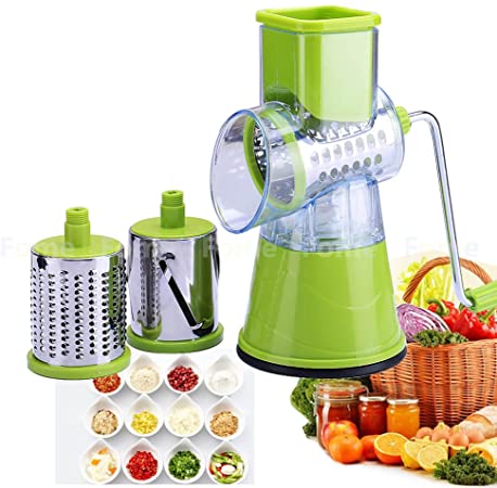 Mandoline Slicer, FOME Rotary Drum Grater Vegetable Cutter Grater Slicer Food Slicer Cheese Shredder with 3 Stainless Steel Blades and Suction Cup Feet for Veggie Fruit Cucumber Onion, Pasta Salad Maker