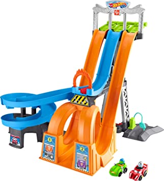 Hot Wheels Racing Loops Tower by Little People, Toddler Vehicle playset with Spiral Racetrack, Stunt ramp and Sounds