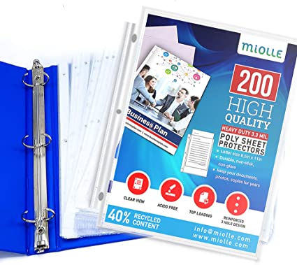 Miolle Heavy Duty 3.3 mil Sheet Protectors – Clear Plastic Sheets Protector 8.5 x 11 – Letter Size Page Protectors for 3 Ring Binder 200 Pack