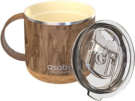 asobu Infinite Stainless Steel Insulated Coffee Mug with Inner Ceramic Coating and Cork Coaster 16 Ounce (Wood)