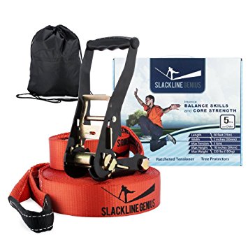 Slackline Genius Kit, Slack Line / Tension Ratchet / Tree Protectors, Core and Balance Exercise Equipment with Carry Bag