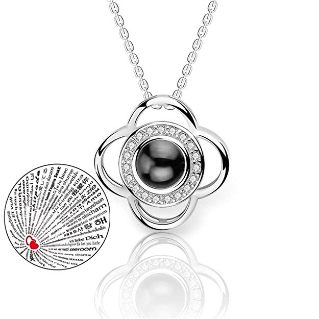 Inf-way I Love You Necklace, 100 Languages Projection on Round Onyx Pendant Loving Memory Collarbone Necklace 1 Pcs