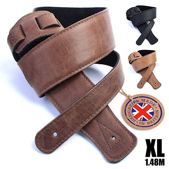 British Handmade Real Leather Guitar Strap: Finest Ultra Soft Italian Nappa Leather, 148cm long Foam Cushion Padded Guitar Belt - Suits Electric, Bass or Acoustic Instruments (inc Semi/Electro)