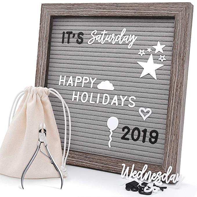 Felt Letter Board 10x10 Inches, Gray Changeable Message Board with Stand & Wall Hook, 803 Black & White Letters, Emojis, Months & Weeks, Arabic Numerals, Canvas Bag and Scissors - Rustic Wood Frame