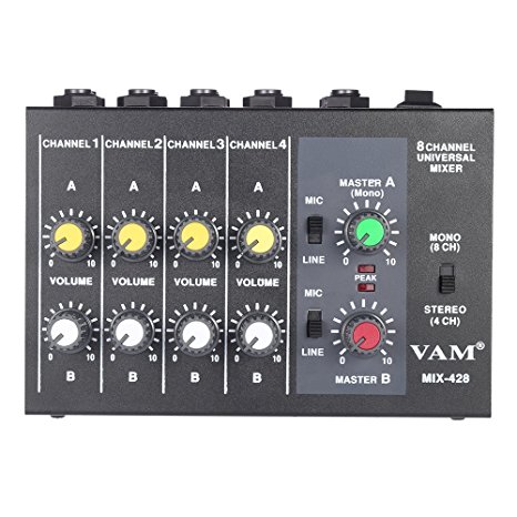 ammoon Ultra-compact Low Noise 8 Channels Metal Mono Stereo Audio Sound Mixer with Power Adapter Cable