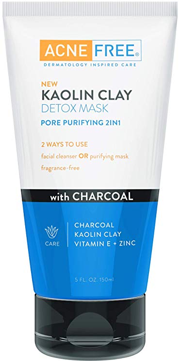 AcneFree Kaolin Clay Detox Mask 5oz with Charcoal, Kaolin Clay, Vitamin E   Zinc, Cleanser or Mask for Oily Skin, To Deeply Clean Pores and Refine Skin