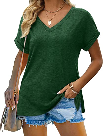 Aokosor Womens Rolled Short Sleeve V Neck Loose Fit T Shirts Tops Side Split