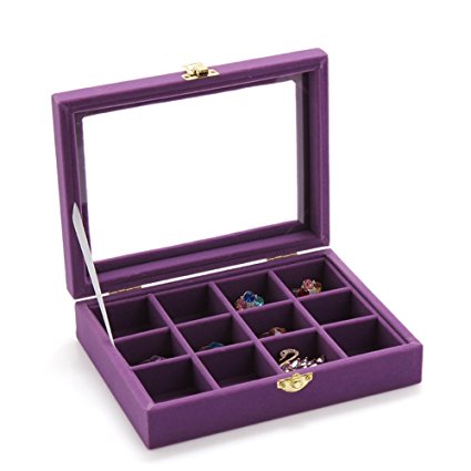 Ginasy Glass Top Jewelry Box Organizer Display Storage Showcase with 12 Compartments and Metal Lock, Many Colors for Choices