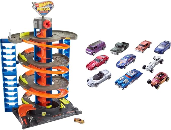 ​Hot Wheels City Mega Garage Playset with Corkscrew Elevator & Storage, Includes 1 Hot Wheels 1:64 Scale Vehicle & 10-Car Pack of 1:64 Scale Vehicles​ & Kids Ages 3 Years , 54886, Multicolor