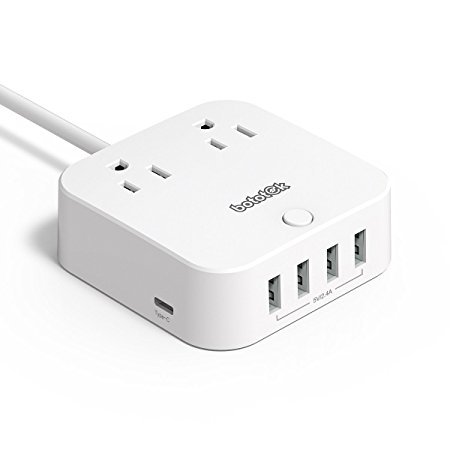 Bototek Portable Travel Power Strip with 2 Outlets and 5 Smart USB Ports (one is Type C charging port) Charging Station, for smart phones & tablets, White