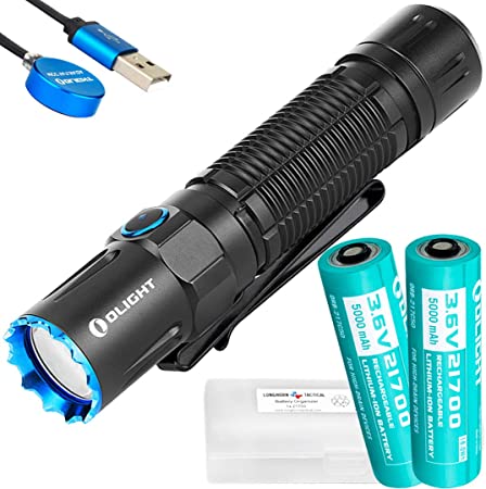 Olight M2R Pro Warrior 1800 Lumen 21700 Rechargeable Dual Switch Tactical Flashlight with Extra 5000mAh Battery and LumenTac Battery Case