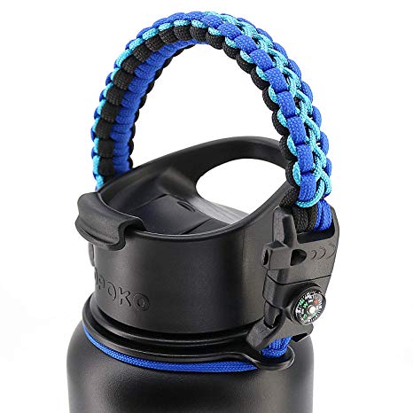 TOPOKO Paracord Handle for Hydro Flask & Wide Mouth Bottles - Includes Safety Ring, Carabiner Clip, Compass, Whistle, Knife, Fire Starter