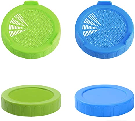 hizgo Plastic Sprouting Lids and Storage Lids Kit for Wide Mouth Mason Jars, Includes 2 pack Jar Strainer Lids and 2 pack Storage Caps, Blue and Green Color