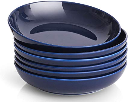 Y YHY 30 Ounces Porcelain Pasta, Salad, Soup Bowls, Large Serving Bowl Set, Wide and Flat, Set of 6, Blue