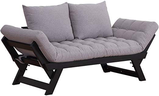 HOMCOM Linen Sofa Bed Chaise Lounge Leisure Foldable Convertible Wood Pillow Grey