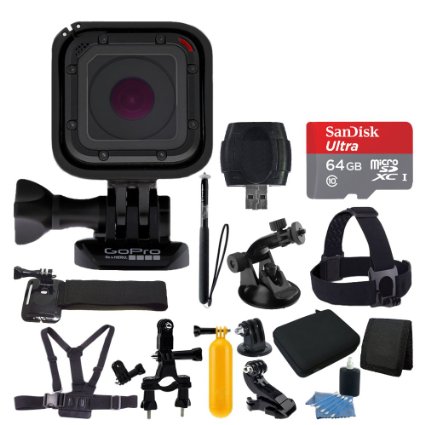 GoPro HERO Session   Medium Carrying Case   Floating Handle   64GB Micro SD Memory Card   Monopod   Card Reader   Head Strap   Chest Strap   Hand Strap   Suction Cup Mount   Deluxe Accessory Bundle