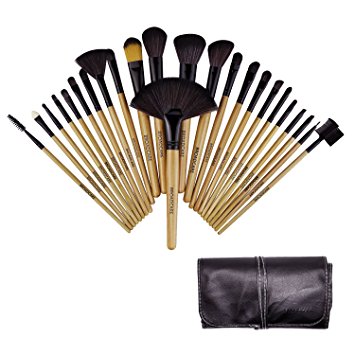 BROADCARE 24 Pcs Professional Cosmetic Makeup Brushes Foundation Blending Blush Eye Lip Face Powder Brushes with Premium PU Leather Travel Pouch (24, Burly Wood)