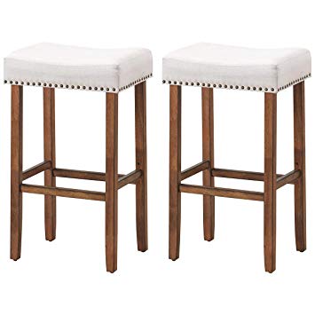 COSTWAY Set of 2 Saddle Bar Stools, 29.5" H Backless Counter Stools, Brass Nailhead Studs, Upholstered Sponge Cushion & Solid Rubber Wooden Legs, Contemporary, Classical(29.5", Beige)