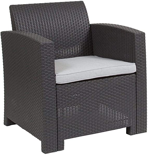 Flash Furniture Dark Gray Faux Rattan Chair with All-Weather Light Gray Cushion