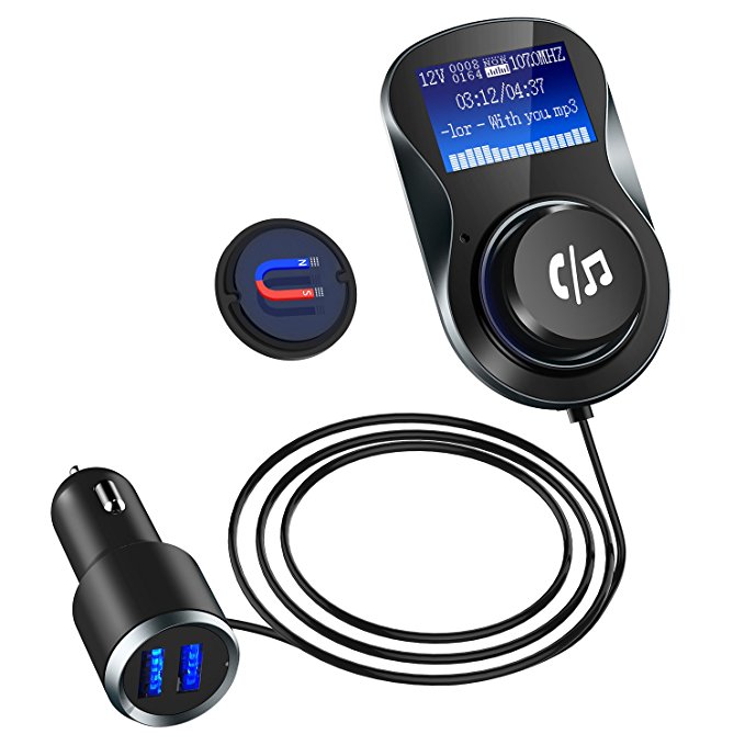 HiGoing Bluetooth FM Transmitter, Quick Charger 3.0 Hands-free Calling Car Kit with Dual USB Ports, 1.44’’ LCD Display & Support TF Card & Bluetooth Stereo Music Play(Black)